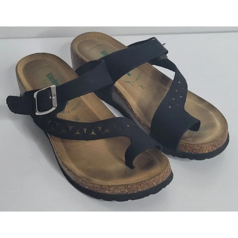 BIONATURA Nubuk Leather Black Cork Sandals Made in Italy Size 36 US 5 Wedge
